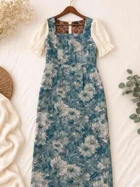 SHEIN Teal Floral Square-Neck Midi Dress with Cream Puff Sleeves